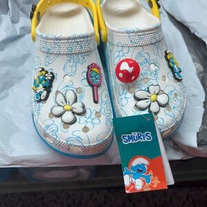 CROCS White and Blue Smurfette Crocs with Decorative Charms
